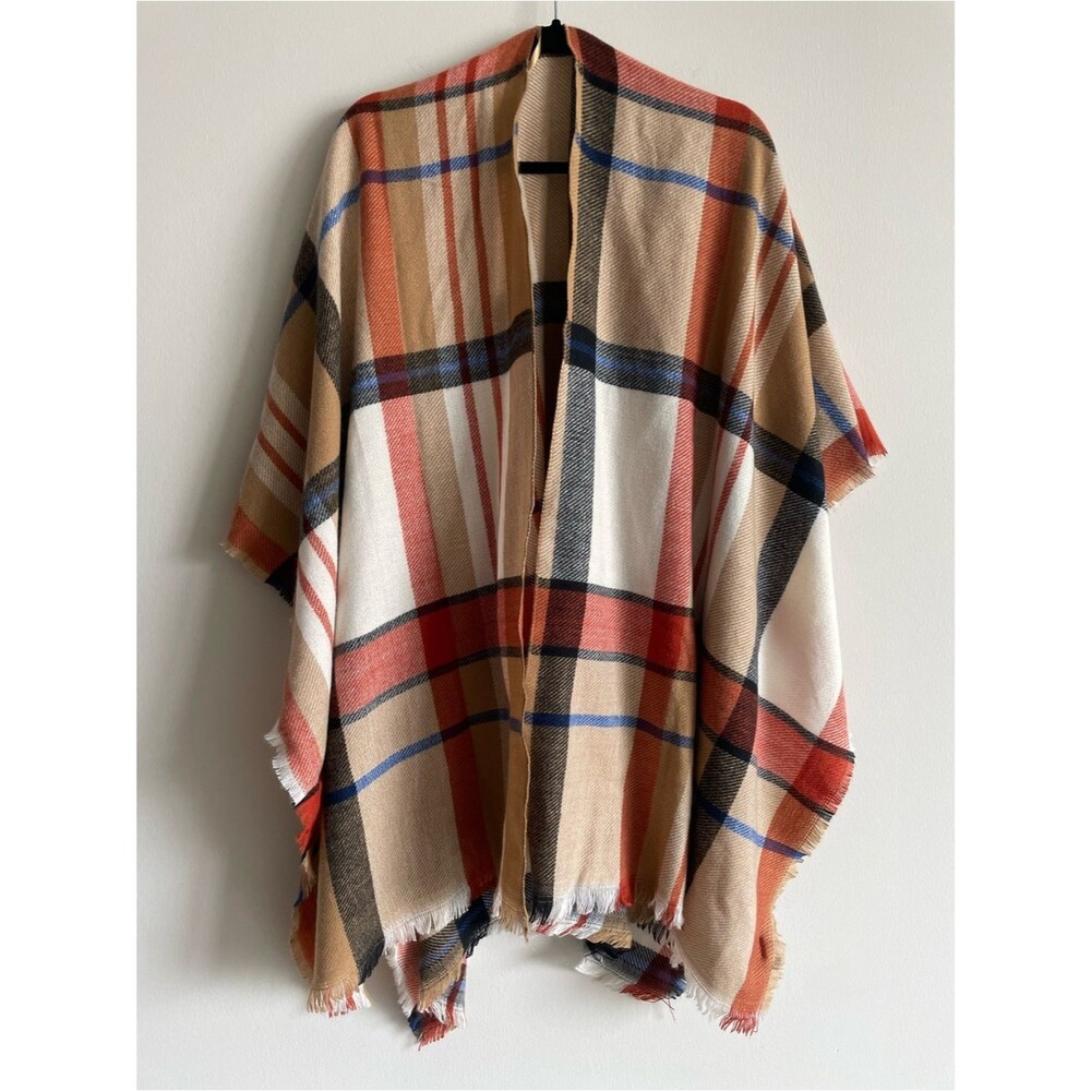 Old Navy blanket scarf madras plaid raw hem cape shawl camel blue fall winter OS